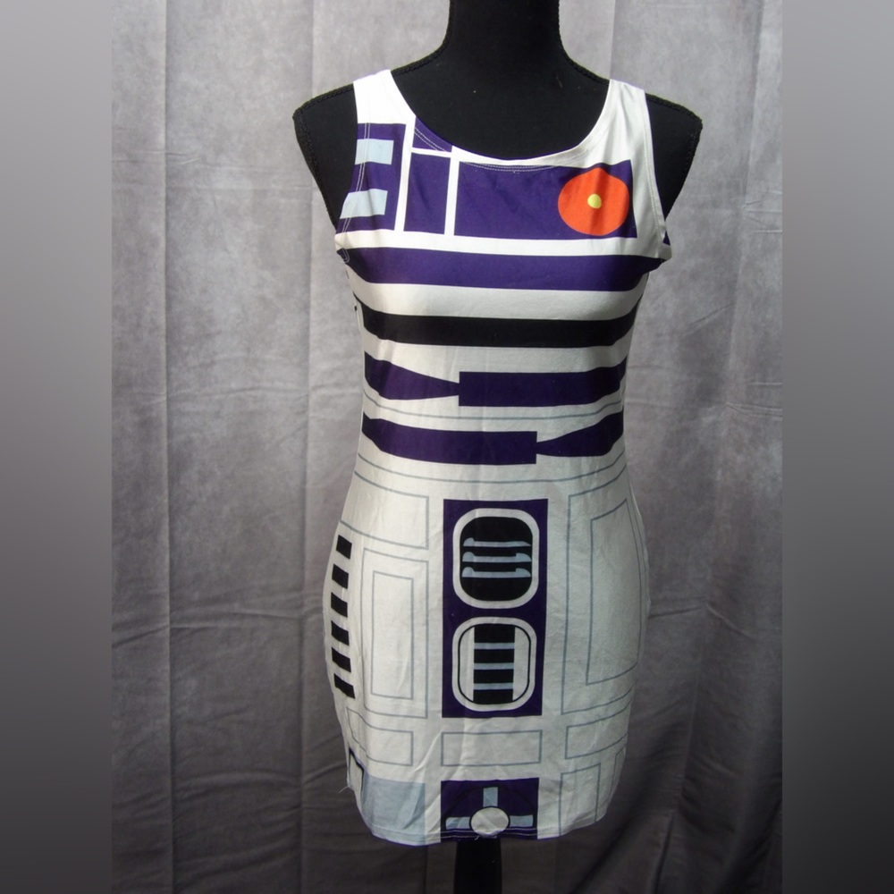 White & Purple Graphic Sleeveless Dress